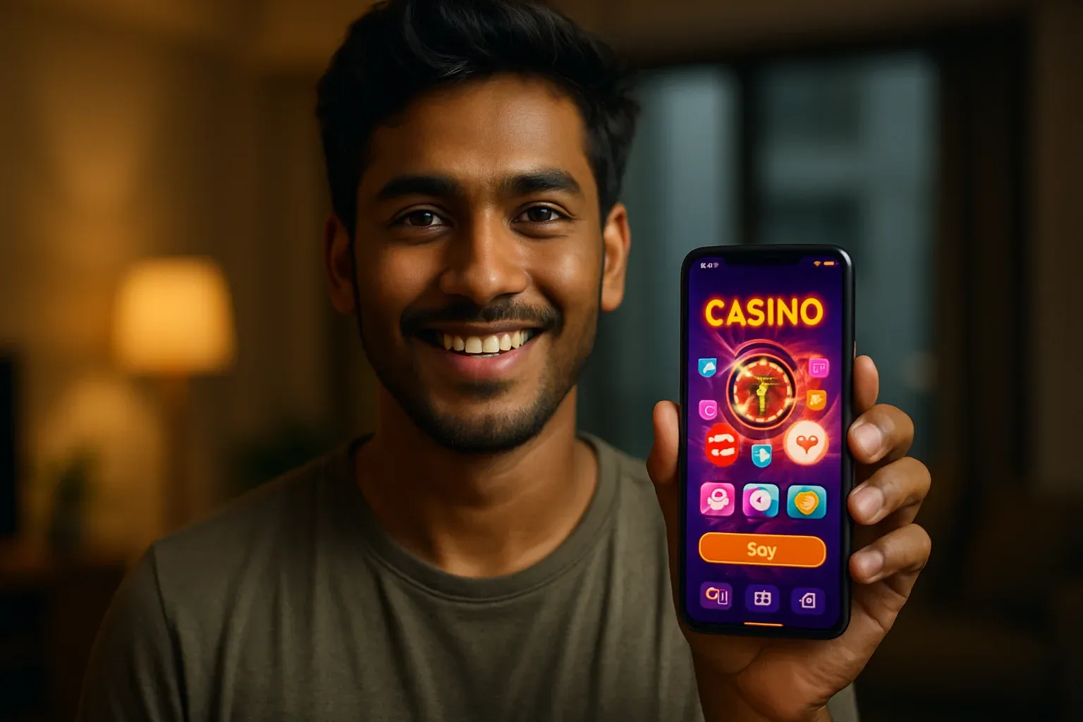 Young Bangladeshi man holding smartphone showing colorful casino app interface