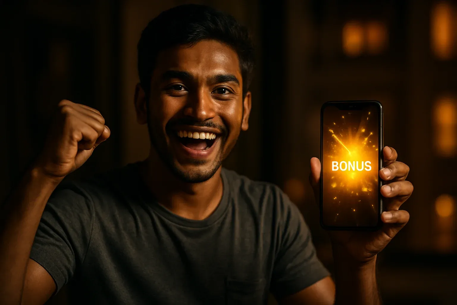 Joyful Bangladeshi man holding smartphone with glowing bonus notification