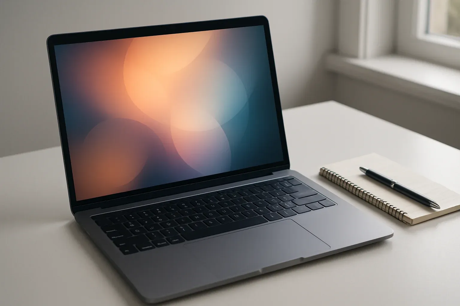 Modern laptop on white desk with pen and notepad in daylight