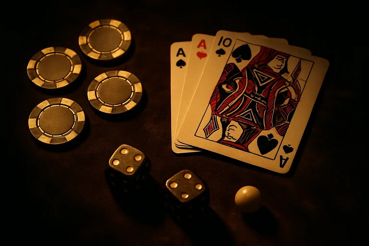 Top-down casino scene with chips, cards, dice, and roulette ball