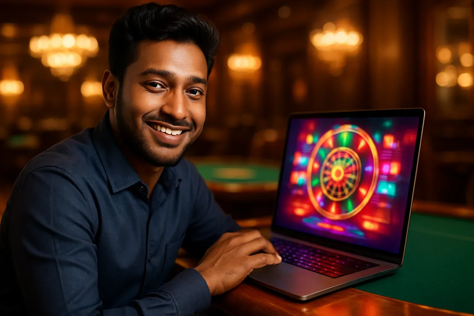 Cheerful Bangladeshi man with open laptop showing colorful casino interface