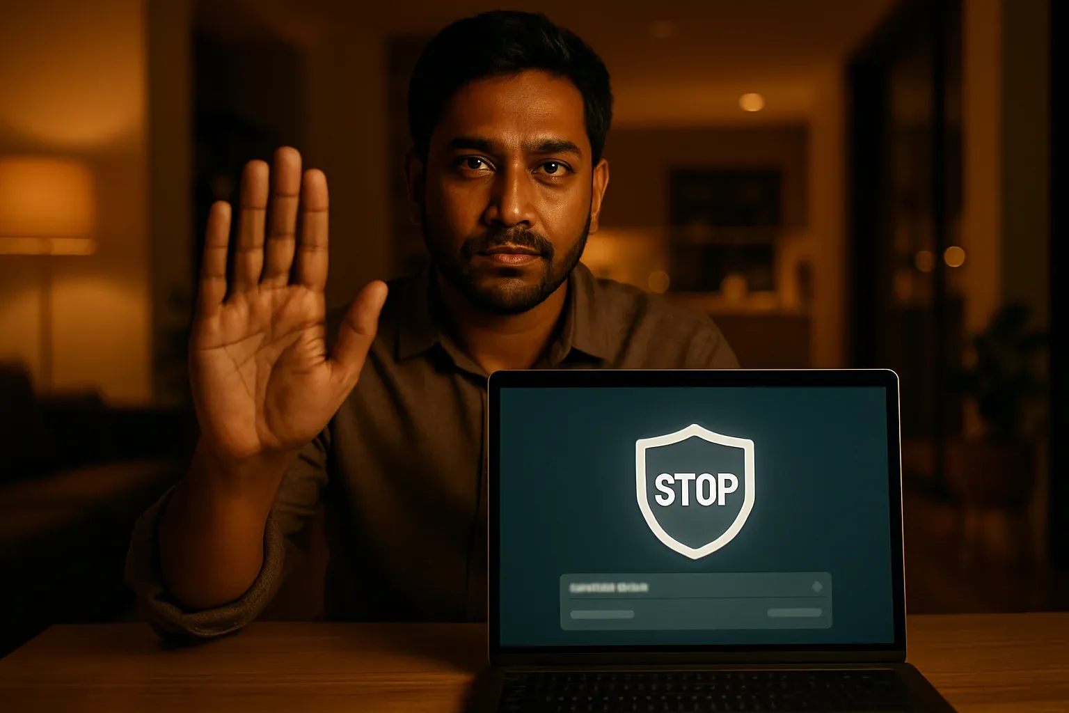 Bangladeshi man showing stop gesture beside laptop with responsible gambling screen