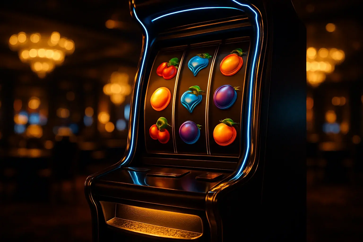 Hyperrealistic premium slot machine with glowing reels in dark luxury casino